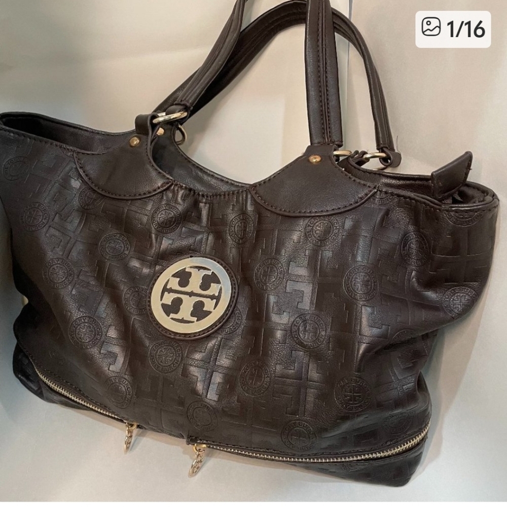 Tory Burch Dark Brown Embossed Tote